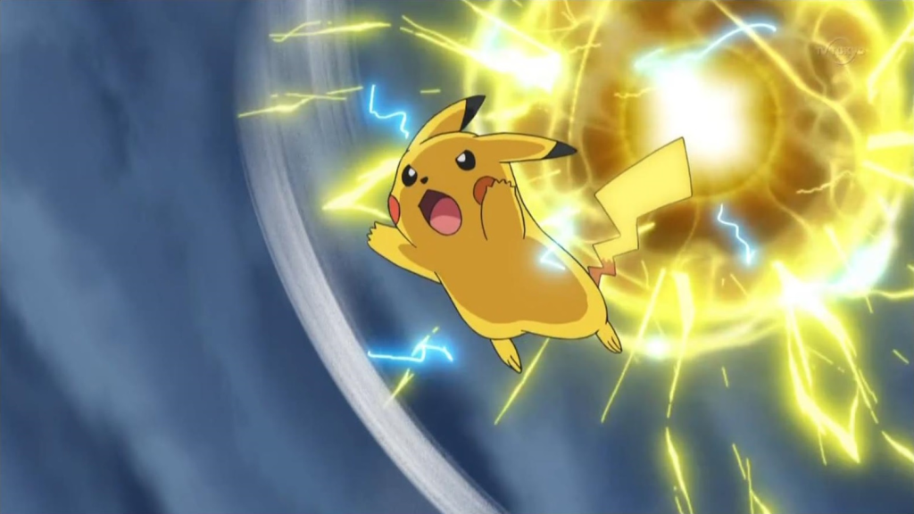 pikachu jumping and using electric attack